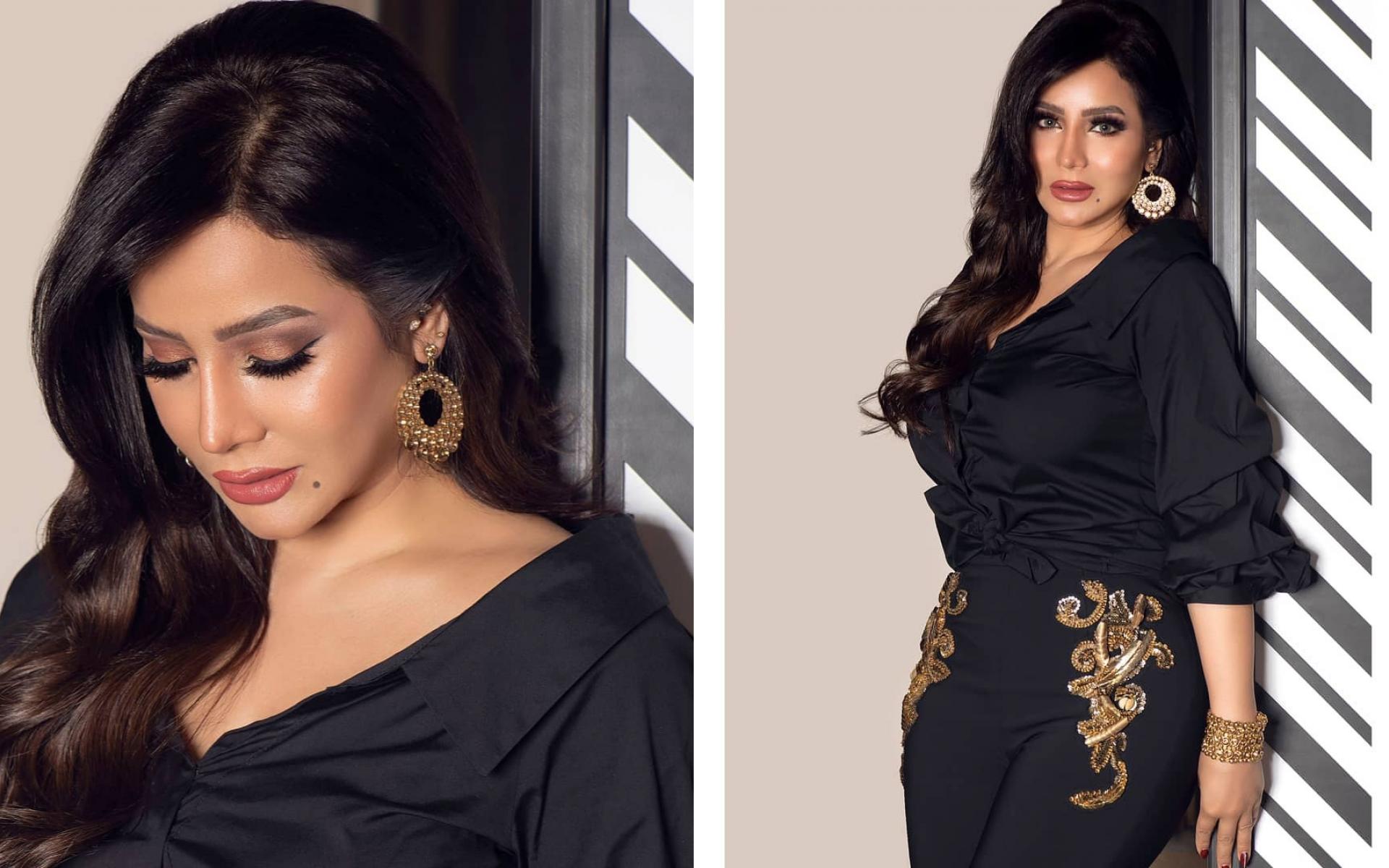 كاجول شيك مكون من بنطلون مطرز باللون الذهبي وقميص قصير بسيط مع مجوهرات ذهبية كاجول شيك مكون من بنطلون مطرز باللون الذهبي وقميص قصير بسيط مع مجوهرات ذهبية