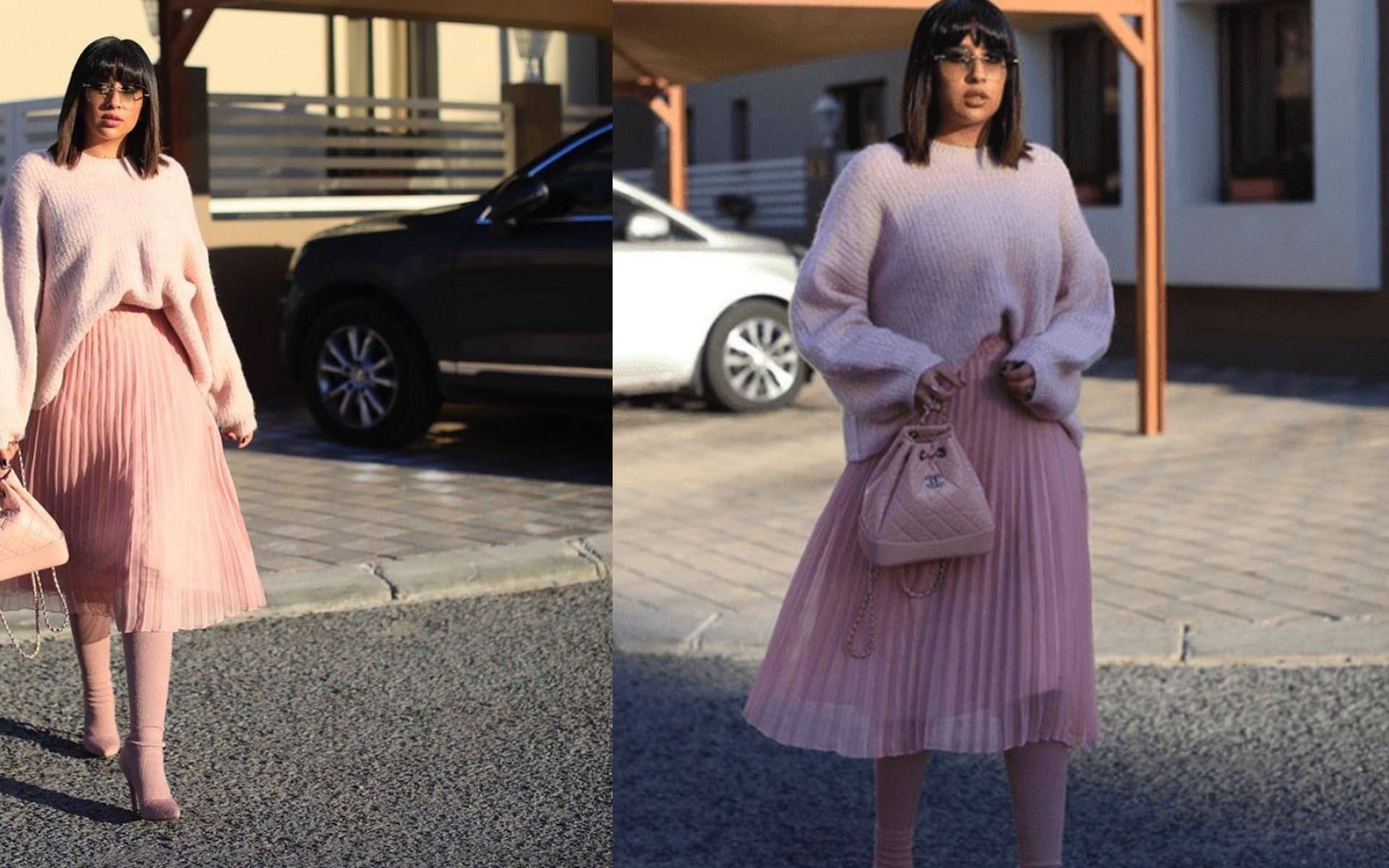 توب شتوي باللون الزهري نسقته فرح مع تنورة من نفس اللون وارتدت أسفل التنورة جوارب طويلة مع حذاء بكعب توب شتوي باللون الزهري نسقته فرح مع تنورة من نفس اللون وارتدت أسفل التنورة جوارب طويلة مع حذاء بكعب